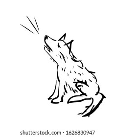 A sitting dog that barks. Black-white hand-drawn illustration.