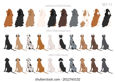 Sitting dogs backside clipart, rear view. Diifferent coat colors variety. Pet graphic design for dog lovers. Vector illustration