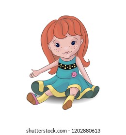Sitting Doll with red hair in blue dress. Cartoon style. 