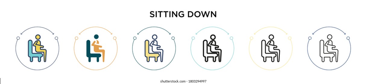 Sitting down icon in filled, thin line, outline and stroke style. Vector illustration of two colored and black sitting down vector icons designs can be used for mobile, ui, web