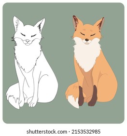 Sitting dreaming fox. Full colour and silhouette.
sleeping fox, illustration of an animal in the forest, smiling fox, green background, vector graphics, animal painting.