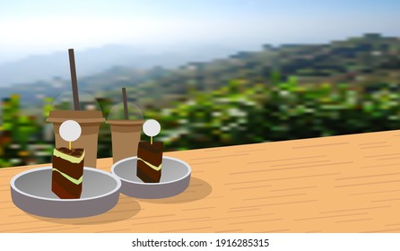 
Sitting and drinking frappe coffee and cake, enjoying nature on a wonderful holiday that hasn't been there for a long time (Copy space vector)