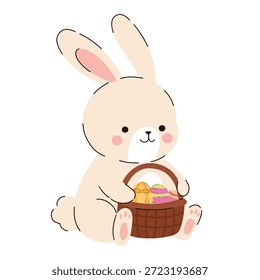 
Conejito de Pascua sentado sosteniendo cesta de mimbre con huevos pintados de colores, lindo personaje de conejo bebé en contornos suaves, mascota feliz de vacaciones de primavera para papelería infantil, decoración de la pared del vivero y tarjetas de felicitación festivas, adorable animal forestal aislado sobre fondo blanco, Clipart para proyectos de bricolaje y marca estacional.
