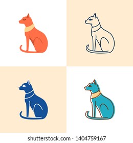 Sitting Egyptian cat icon set in flat and line style. Ancient goddess Bastet symbol. Vector illustration.
