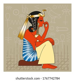 A sitting Egyptian princess on hieroglyphs background. Vector illustration.