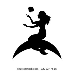 Sitting fairy mermaid. Magical mermaid logo. Mythical tale character black symbol. Little creature with tail