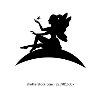 Sitting fairy silhouette. Magical fairy logo. Mythical tale character. Little creature with wings in dress