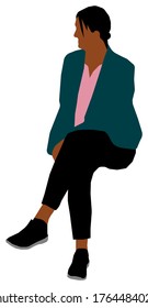 Sitting female person flat vector illustration (Black people)