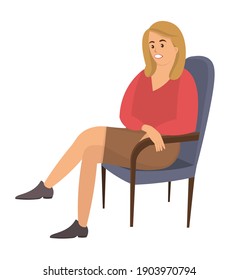Sitting female person flat vector illustration. Adult woman in armchair isolated on white background. Serious woman sits on a chair and looks to the side. Patient at the reception of a psychotherapist