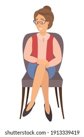 Sitting female person flat vector illustration. Adult woman in glasses isolated on white background. Serious woman sits on a chair and looks to the side. Patient at the reception of a psychotherapist