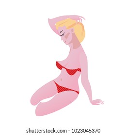 Sitting Female in Red Bikini. Sunbathing Woman with Blonde Hair. Vector Illustration isolated on White Background.