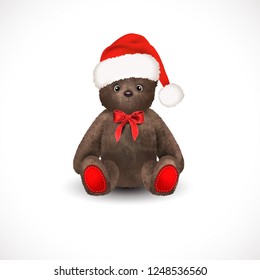 Sitting fluffy cute brown teddy bear with christmas santa claus hat a red bow. Children's toy isolated on a white background. Realistic vector illustration