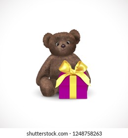 Sitting fluffy cute brown teddy bear with purple gift box with yellow bow. Children's toy isolated on a white background. Realistic vector illustration.