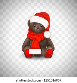 Sitting fluffy cute brown teddy bear with christmas santa claus hat a red long scarf. Children's toy isolated on transparent background. Realistic vector illustration.