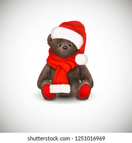 Sitting fluffy cute brown teddy bear with christmas santa claus hat a red long scarf. Children's toy isolated on white background. Realistic vector illustration.