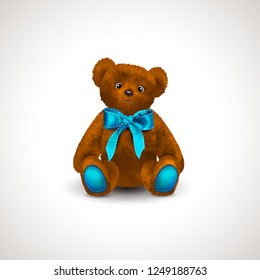 Sitting fluffy cute red brown or rufous teddy bear toy with bright blue ribbon or bow. Children's toy isolated on white background. Icon or object for design. Realistic vector illustration