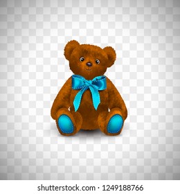 Sitting fluffy cute red brown or rufous teddy bear with bright blue ribbon or bow. Children's toy isolated on transparent background. Realistic vector illustration