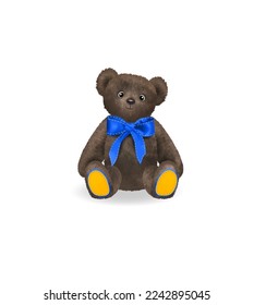Sitting fluffy cute teddy bear toy of the colors of the Ukrainian national flag. Children's toy isolated on white background. Icon or object for design. Realistic vector illustration