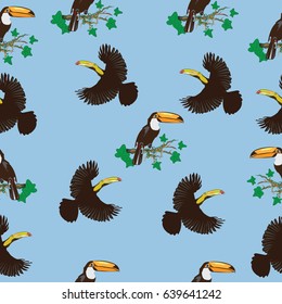 Sitting and flying Toucan. Seamless pattern. The nature of the tropics. An exotic bird. Design for banner, poster, textiles, paper, book.