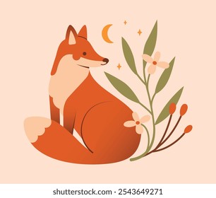 Sitting fox among plants, flowers, berries, crescent moon, stars, leaves. Naive cute illustration of forest animal with botany elements. Flat elegant style. For autumn card, sticker, badge, print.