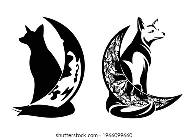 sitting fox and crescent moon - magic nature and good night concept black and white vector design set