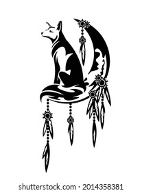 sitting fox and crescent moon - tribal style feathered dream catcher black and white vector design