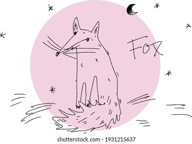 Sitting fox with moon and stars, digital illustration