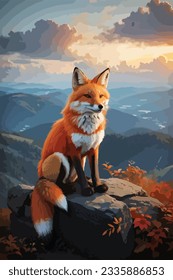 A sitting fox on a hill peak
