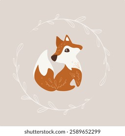 Sitting fox, simple illustration for children. Wild animal. Forest animal. 