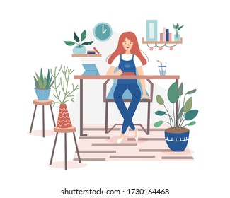 Sitting freelancer works at home in room full of green indoor plants and surfs the Internet. Flat vector illustration.