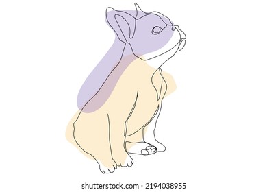 Sitting French bulldog one continuous single drawn line art vector illustration. Dog doodle one line style with colorful spots.