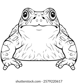 Sitting frog front view. Amphibian reptile. Vector illustrations in hand drawn sketch style isolated on white. Black outline animal graphic. Design for coloring book page, print