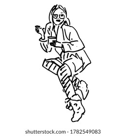 Sitting funny girl eating ice cream or dessert. Hand drawn linear doodle sketch. Black silhouette on white background.