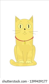 Sitting ginger cat with a red ribbon around the neck and a little bell on it. Domestic aminals theme. Vector line illustration. Cartoon style. Isolated. White background.