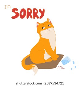 Sitting ginger cat vector illustration with "sorry" in handwriting lettering. Funny sarcasm kitten. Perfect for pet-themed stickers and apology messages, greeting cards, digital designs