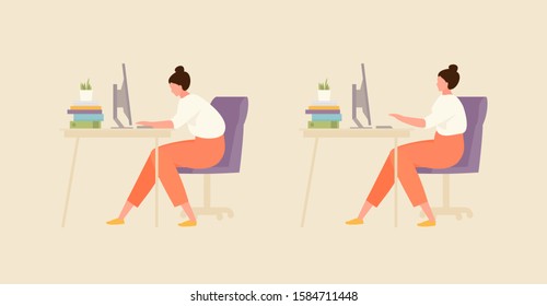 Sitting girl with correct and incorrect posture. Office and workplace hygiene illustration