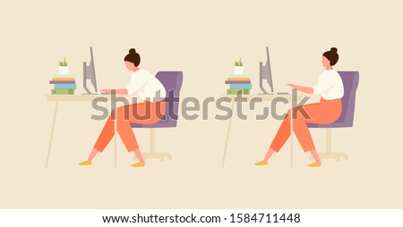 Sitting girl with correct and incorrect posture. Office and workplace hygiene illustration