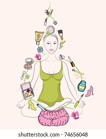 Sitting girl with different cosmetics around her. Vector illustration