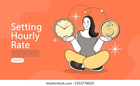 Sentada chica sosteniendo una moneda y un reloj. Fijando la tarifa por hora. Evaluar habilidades. Limitaciones y organización del flujo de trabajo - concepto de negocio abstracto. la mujer controla el reloj. ilustraciones vectoriales.