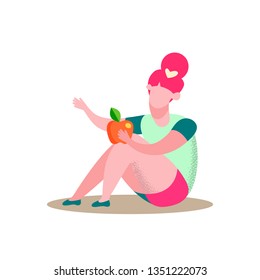 Sitting Girl Holds Apple Flat Vector Illustration. Daughter Eating Fresh Fruit Outdoors. Healthy Food, Nutrition, Diet. Picnic, Barbecue, Beach Snack. Vegetarian Woman, Isolated Character