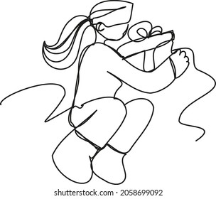 A sitting girl holds a gift in one line on white background. Abstract man in VR glasses. Festive monochrome illustration.