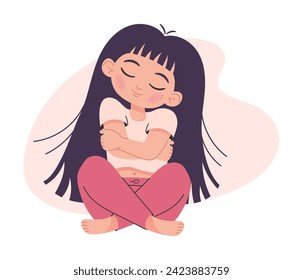 Sitting girl hugging herself, with eyes closed, mentally calm, illustration isolated on white