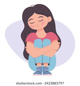 Sitting girl hugging herself, with eyes closed, mentally calm, illustration isolated on white