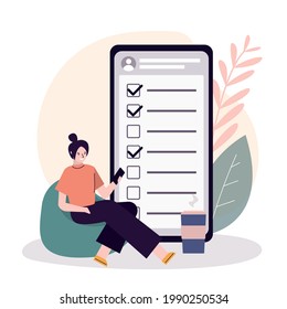 Sitting girl notes completed tasks in application. Female character marks check marks in checklist. Mobile phone app. To-do list on smartphone. Time management and planning. Vector illustration
