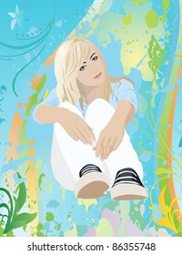 Sitting girl on spring background (vector illustration)