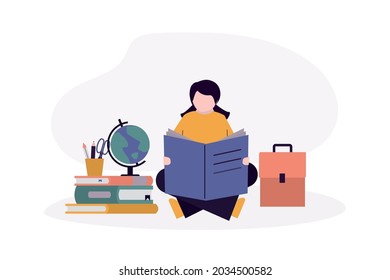 Sitting girl pupil reading book. Female scholar studies and learning sciences. Kid student sits and read. Child gets knowledge and information from textbook. Concept of education. Vector illustration