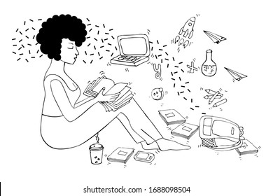 Sitting girl reading a book. Afro woman with backpack, phone, book, computer, rocket, coffee, telephone, notebook. Self-study at home. School or free time at home. Hand drawn vector illustration