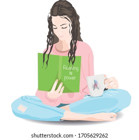 A sitting girl reading a book with a cup of coffee
