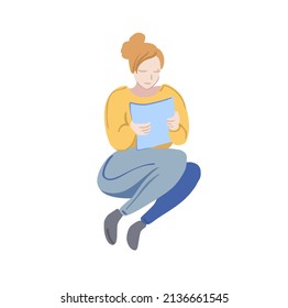 sitting girl reading a text (or watching a magazine) - vector illustration of a female character that can display either the process of learning (working), or leisure