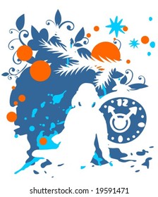Sitting girl silhouette on a blue background with alarm clock. Christmas illustration.